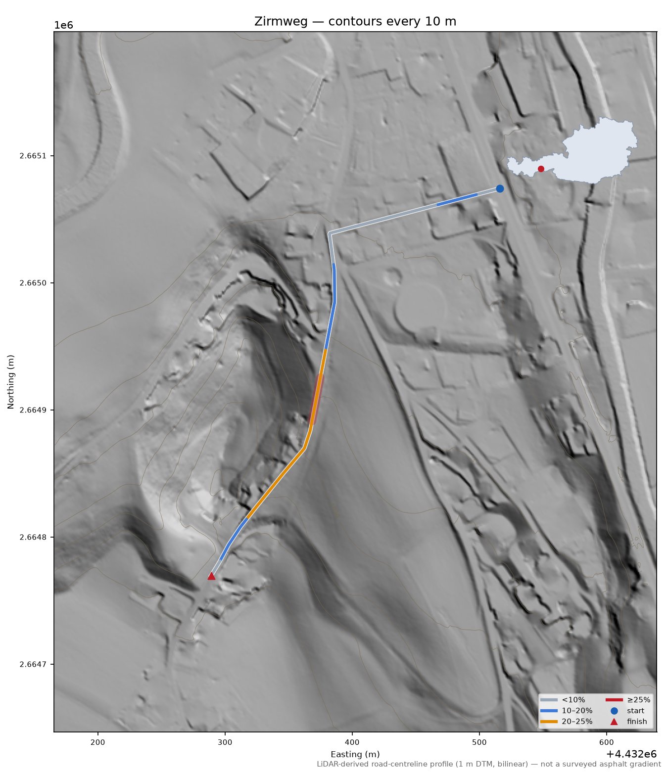 Zirmweg LiDAR hillshade map with contours