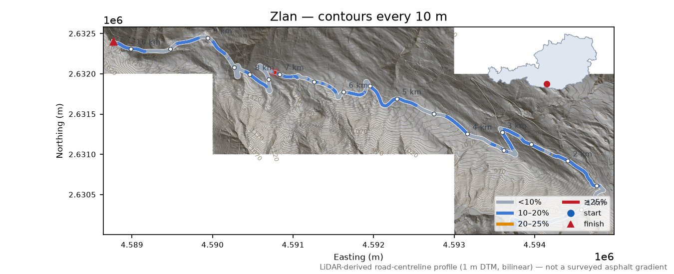 Zlan LiDAR hillshade map with contours
