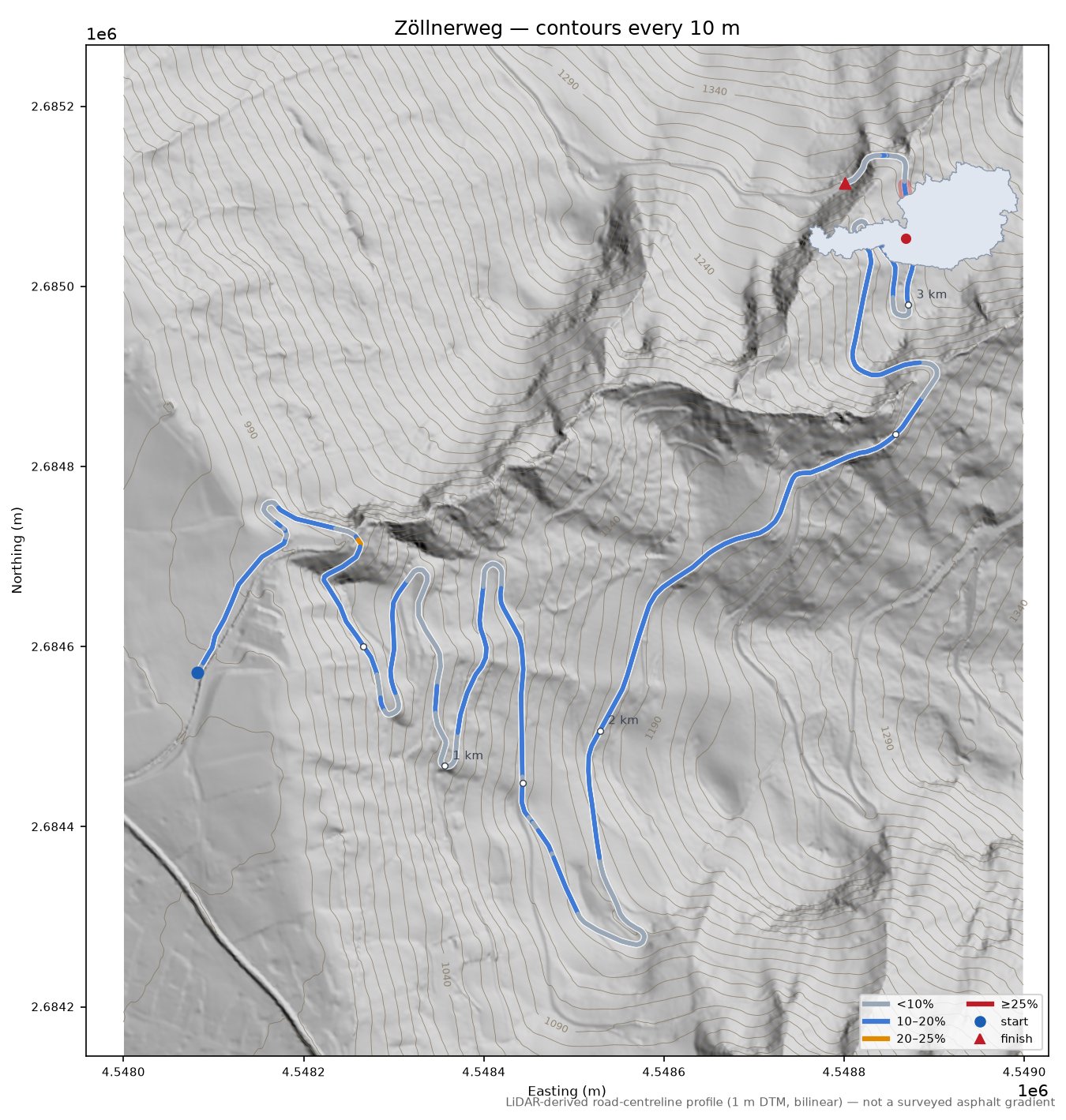Zöllnerweg LiDAR hillshade map with contours