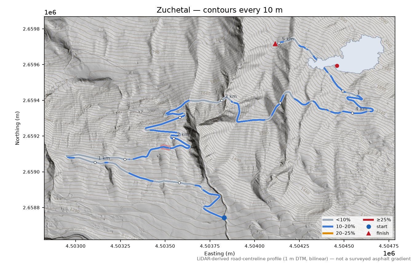 Zuchetal LiDAR hillshade map with contours