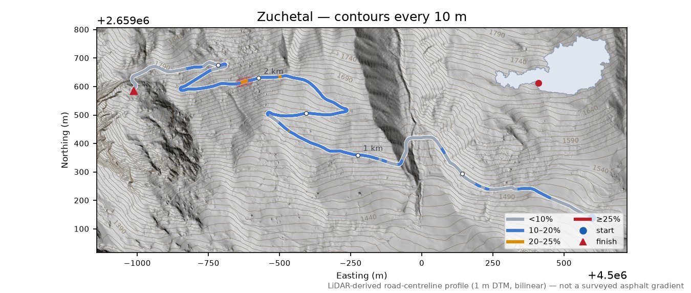 Zuchetal LiDAR hillshade map with contours