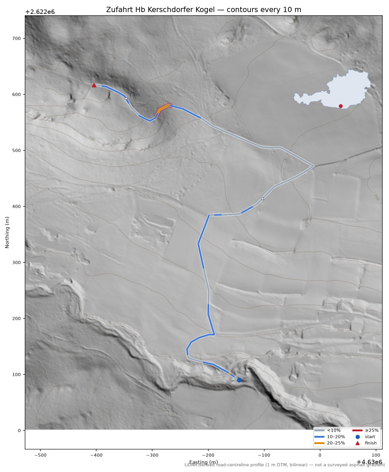 Zufahrt Hb Kerschdorfer Kogel LiDAR hillshade map with contours