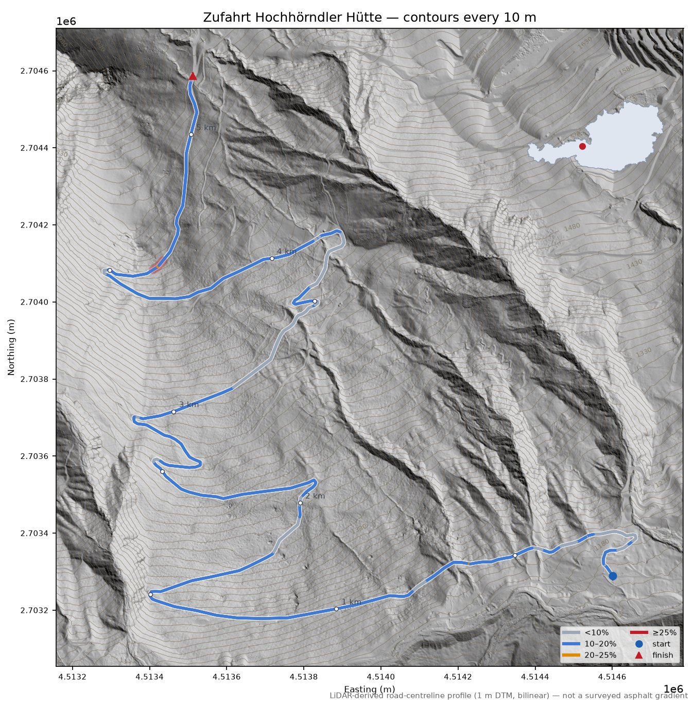 Zufahrt Hochhörndler Hütte LiDAR hillshade map with contours