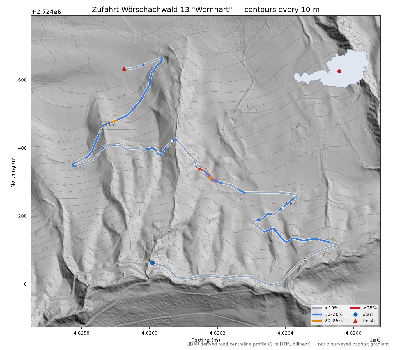 Zufahrt Wörschachwald 13 "Wernhart" LiDAR hillshade map with contours