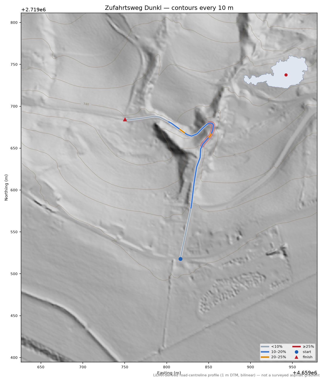 Zufahrtsweg Dunkl LiDAR hillshade map with contours