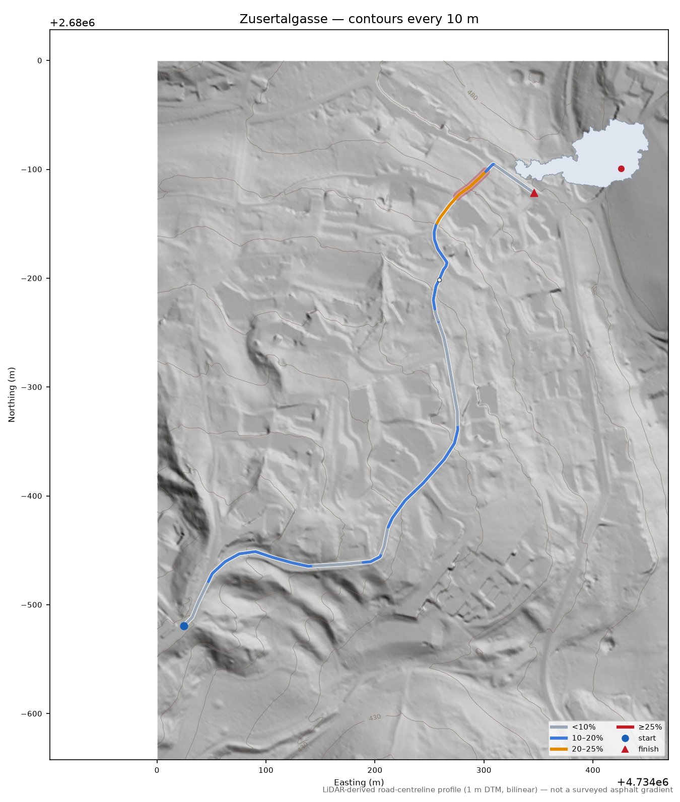 Zusertalgasse LiDAR hillshade map with contours