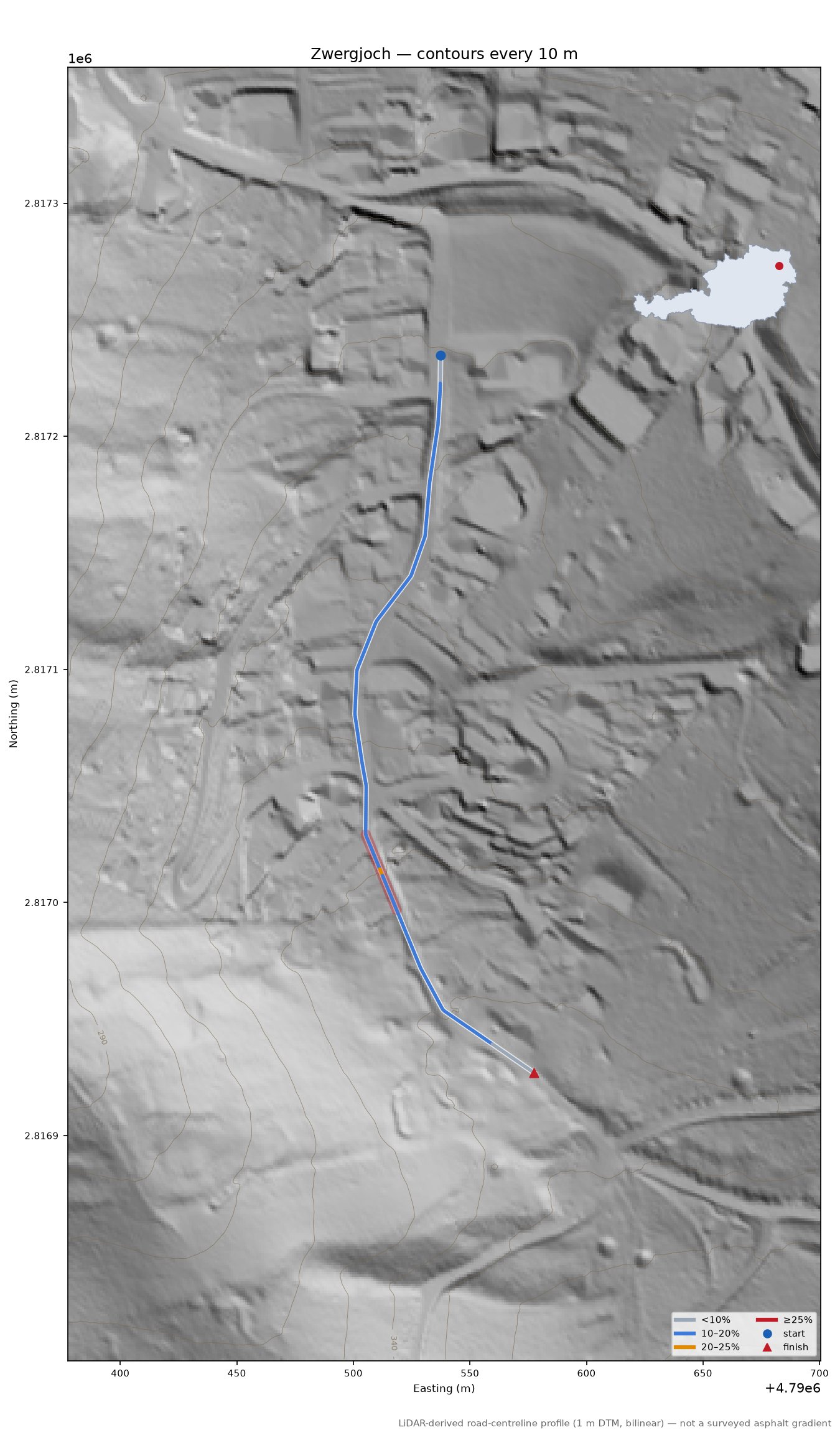 Zwergjoch LiDAR hillshade map with contours