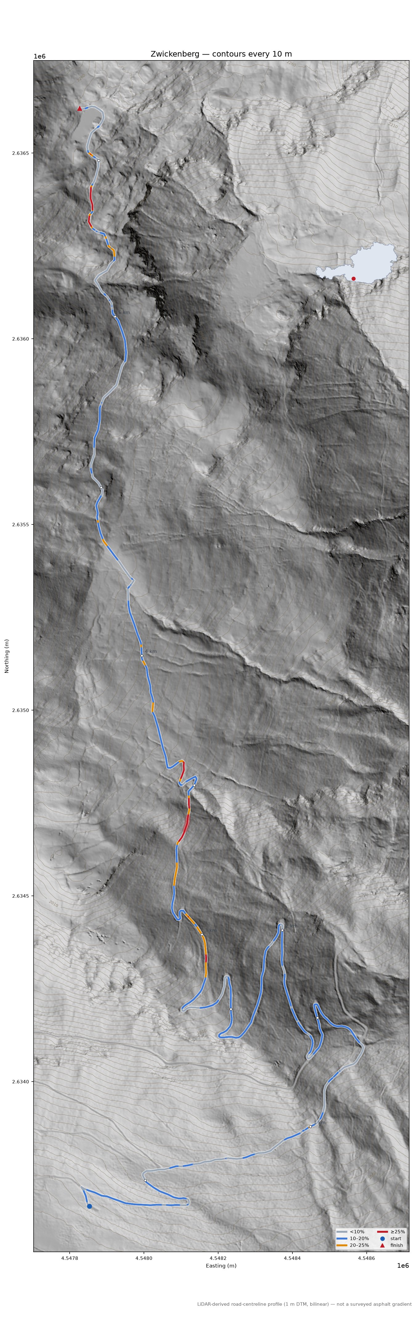 Zwickenberg LiDAR hillshade map with contours