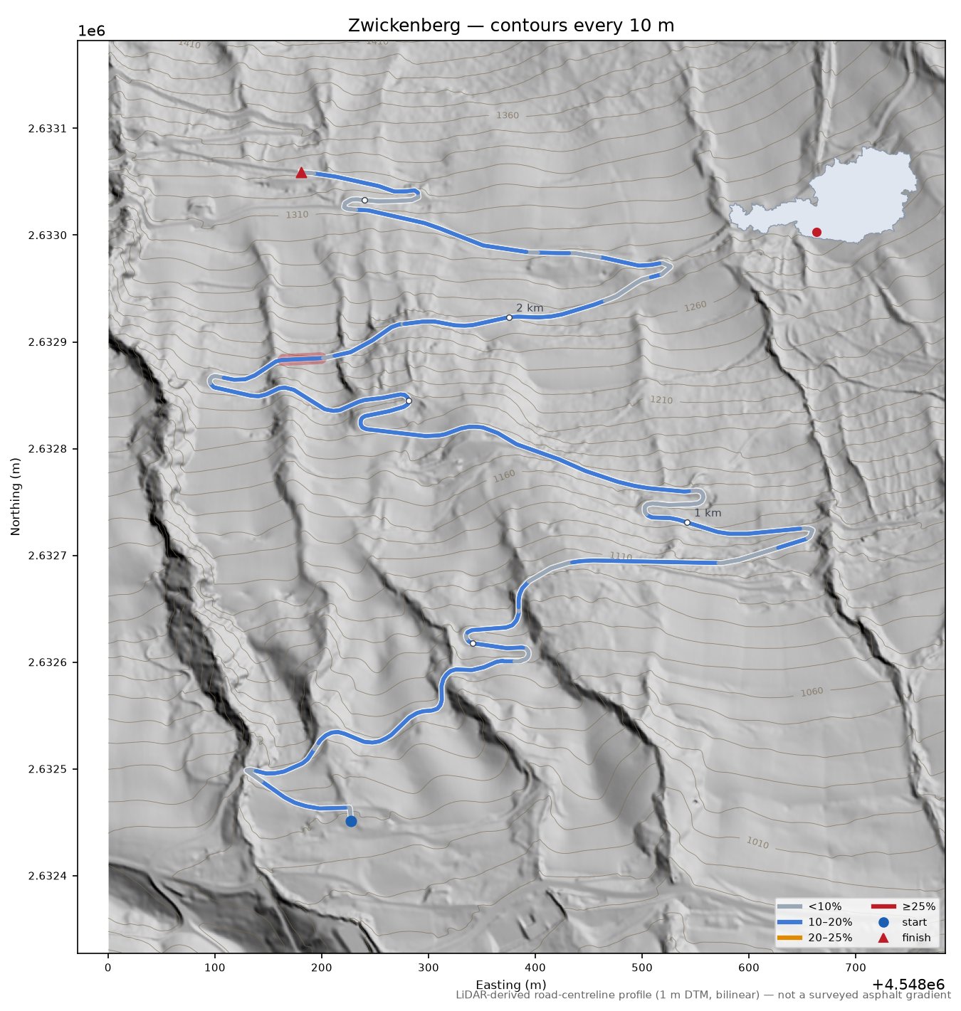 Zwickenberg LiDAR hillshade map with contours