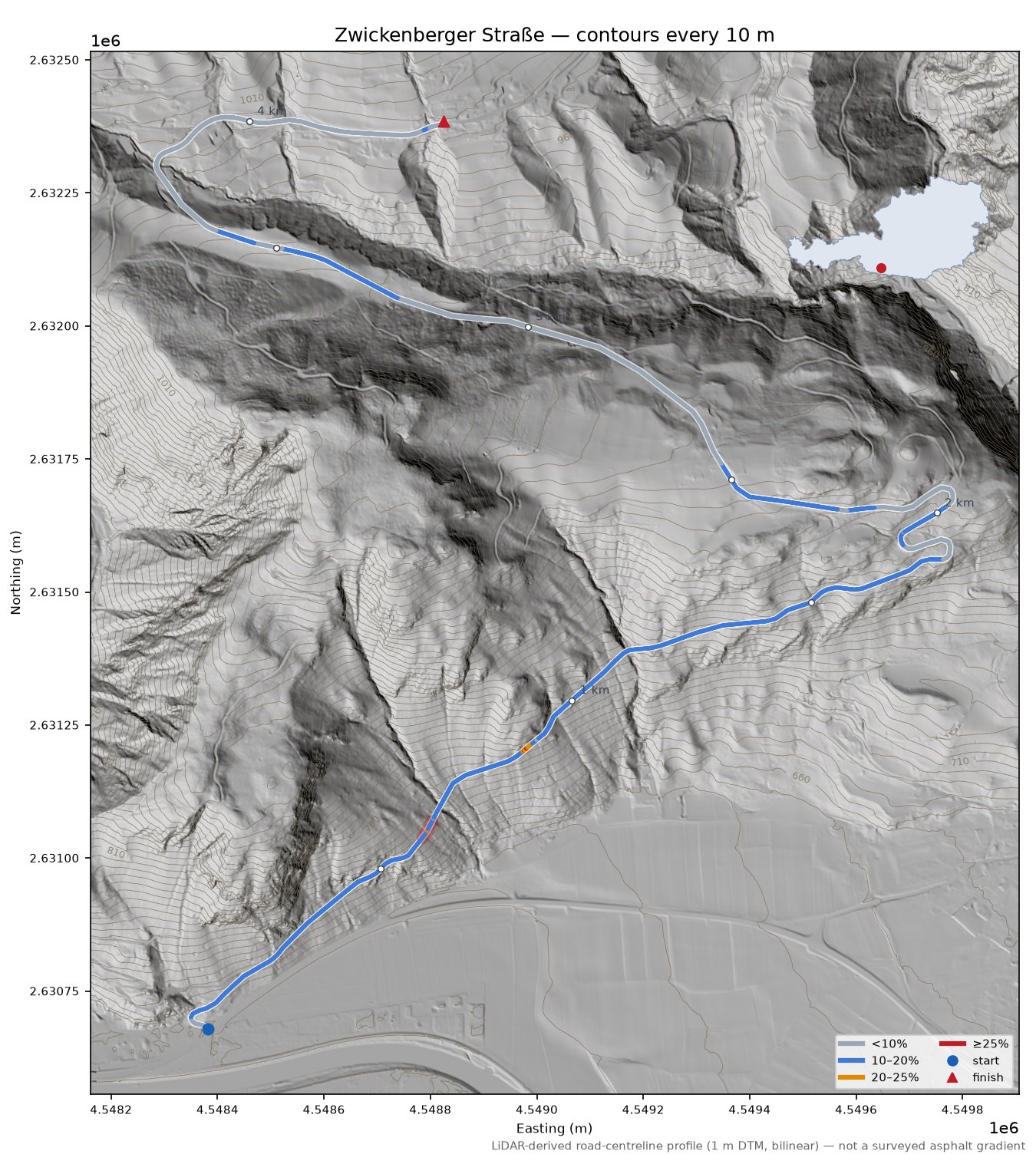 Zwickenberger Straße LiDAR hillshade map with contours