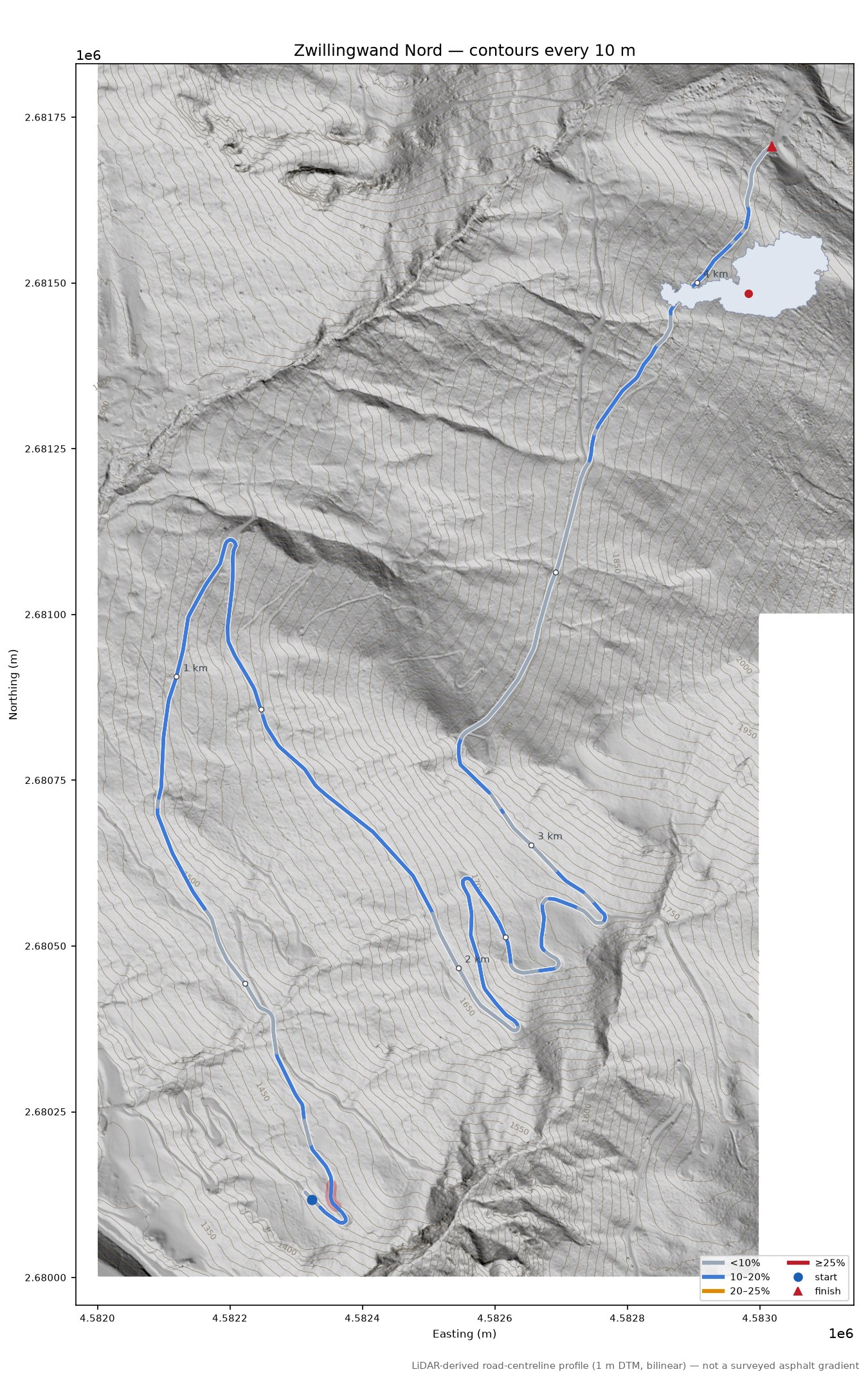 Zwillingwand Nord LiDAR hillshade map with contours