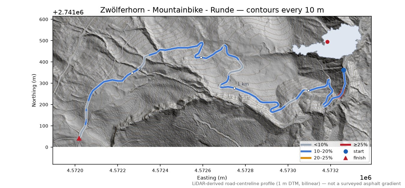 Zwölferhorn - Mountainbike - Runde LiDAR hillshade map with contours