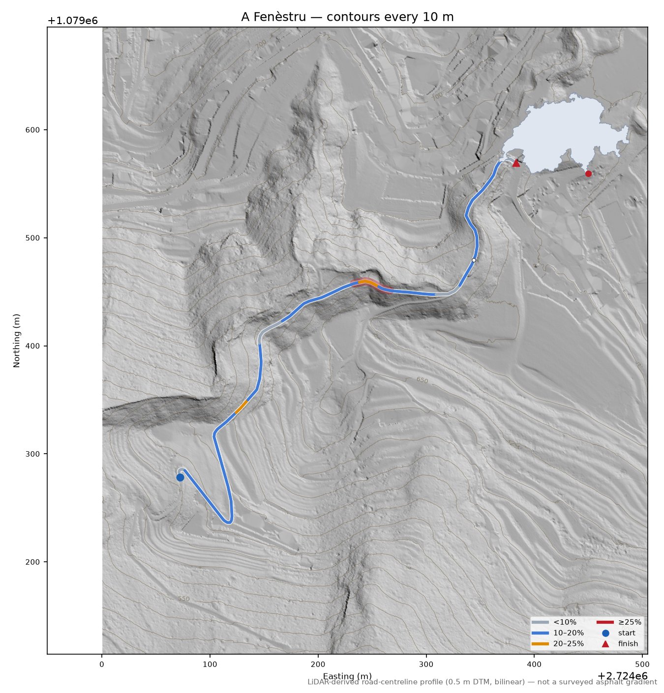 A Fenèstru LiDAR hillshade map with contours