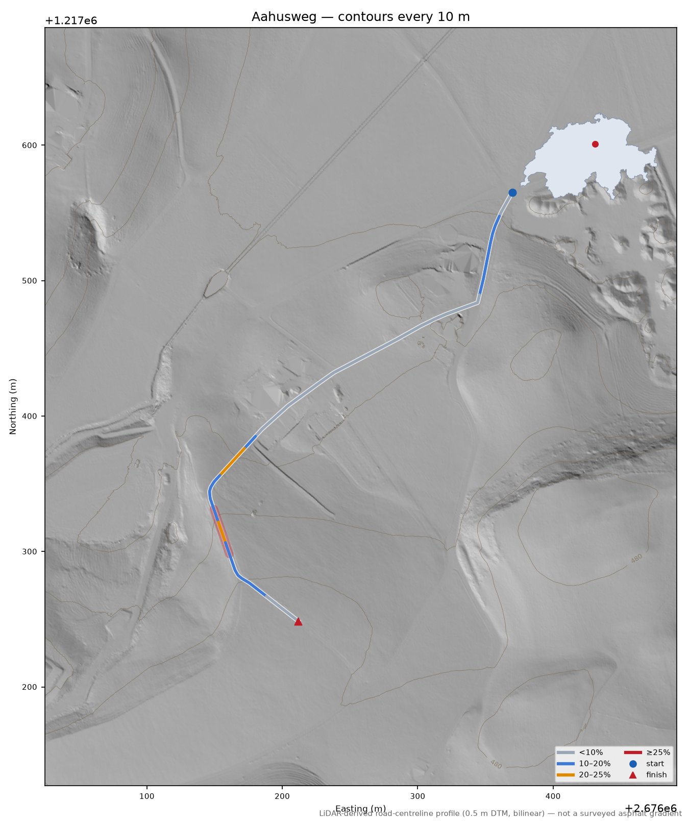 Aahusweg LiDAR hillshade map with contours