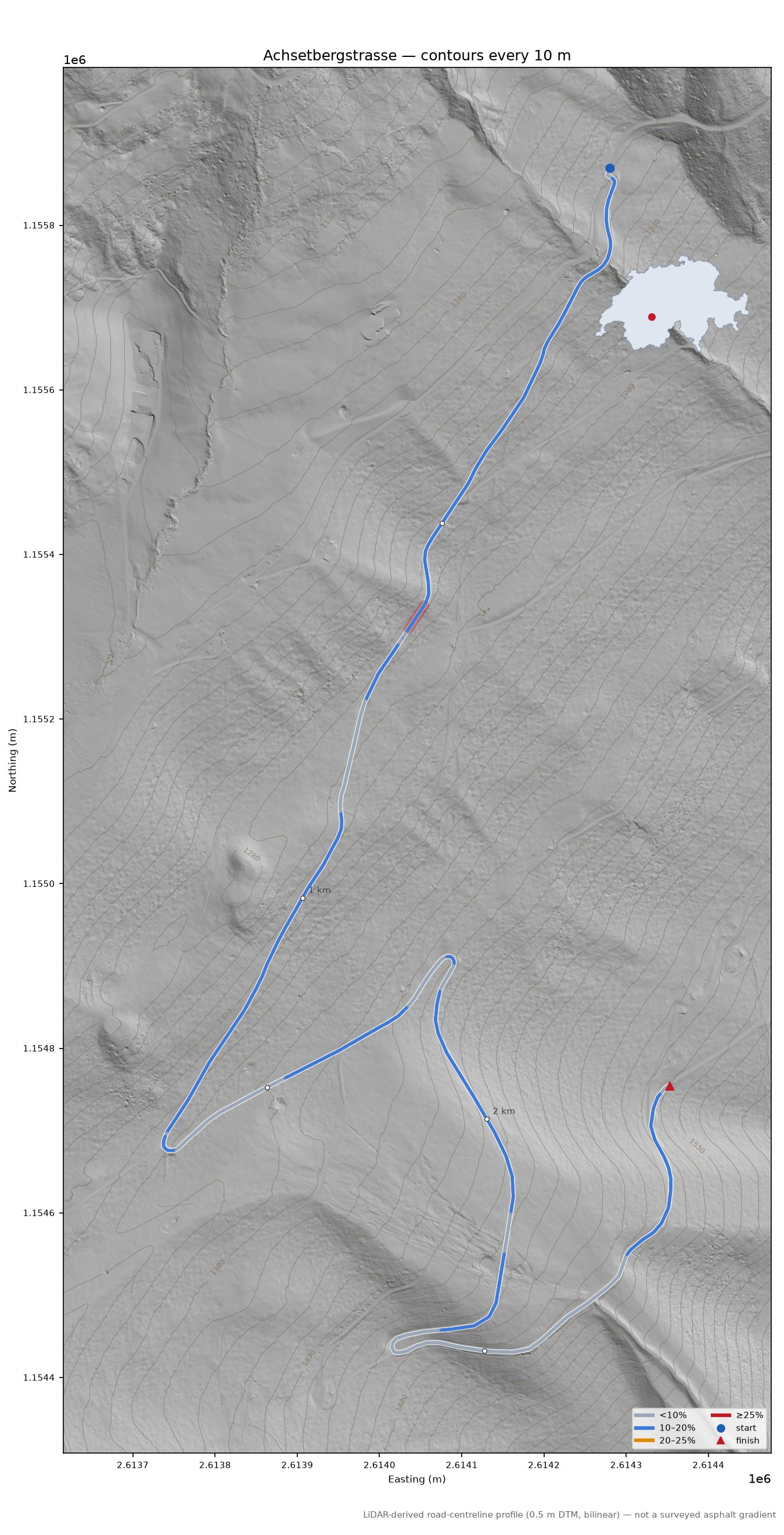 Achsetbergstrasse LiDAR hillshade map with contours
