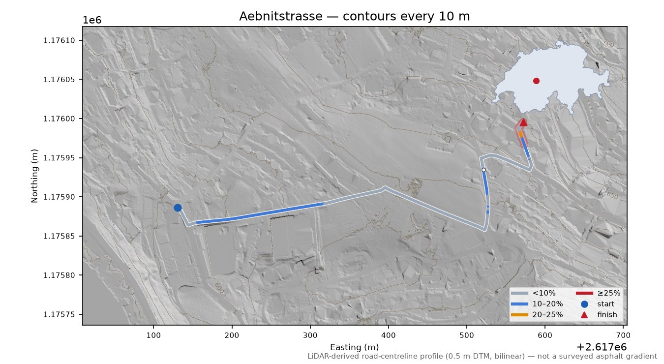 Aebnitstrasse LiDAR hillshade map with contours