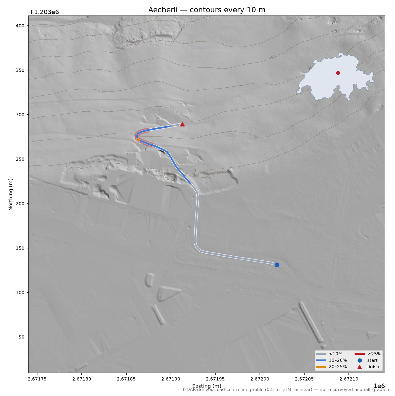 Aecherli LiDAR hillshade map with contours