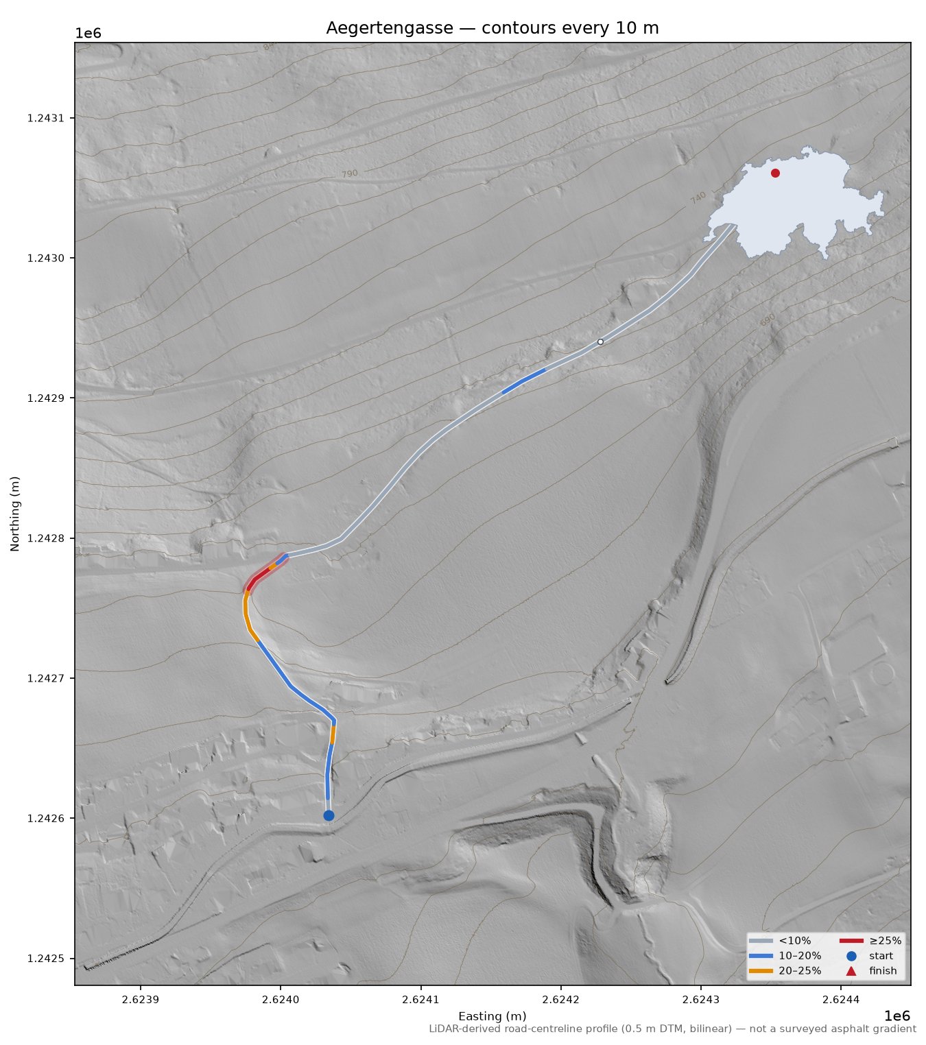 Aegertengasse LiDAR hillshade map with contours