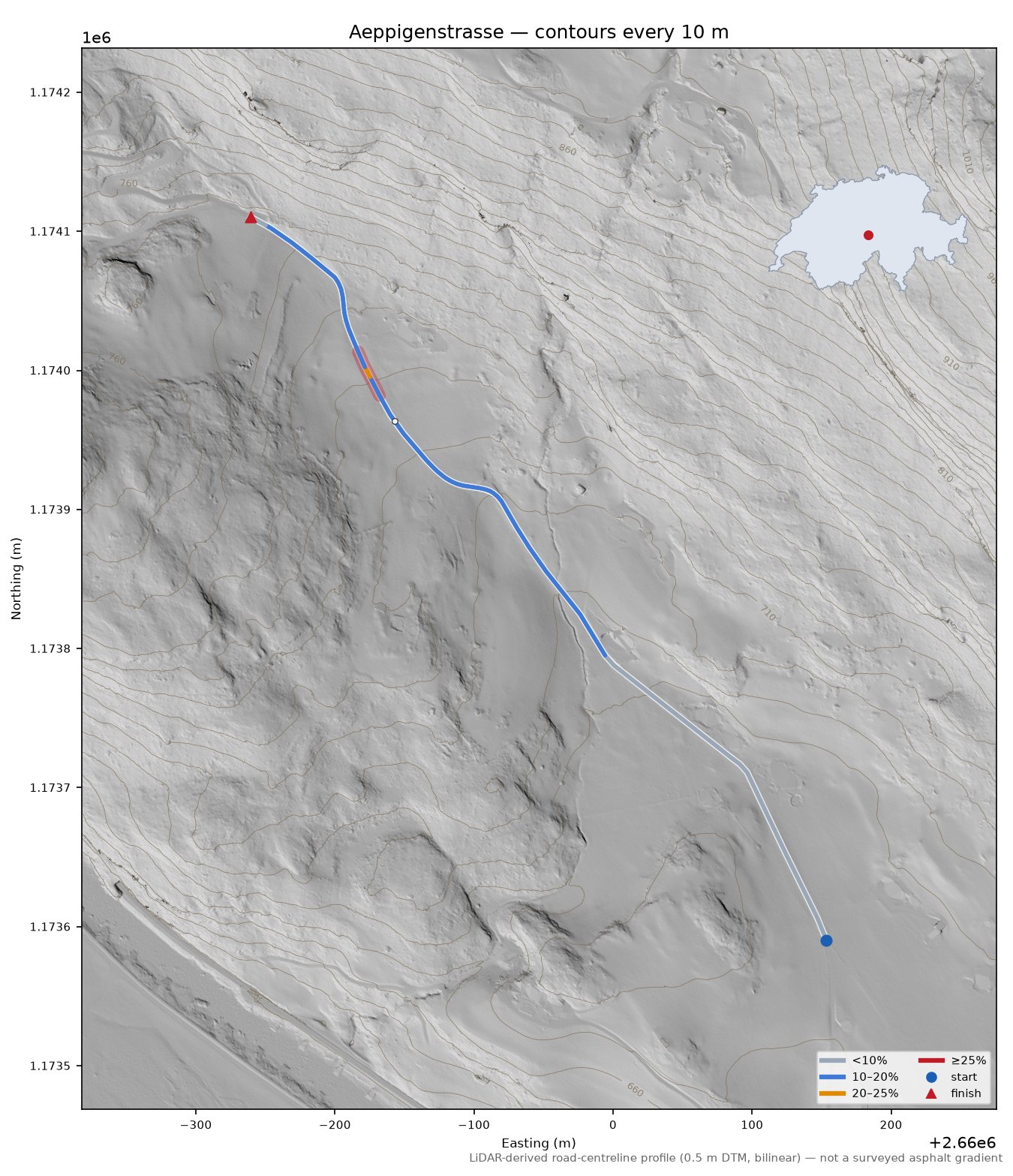 Aeppigenstrasse LiDAR hillshade map with contours