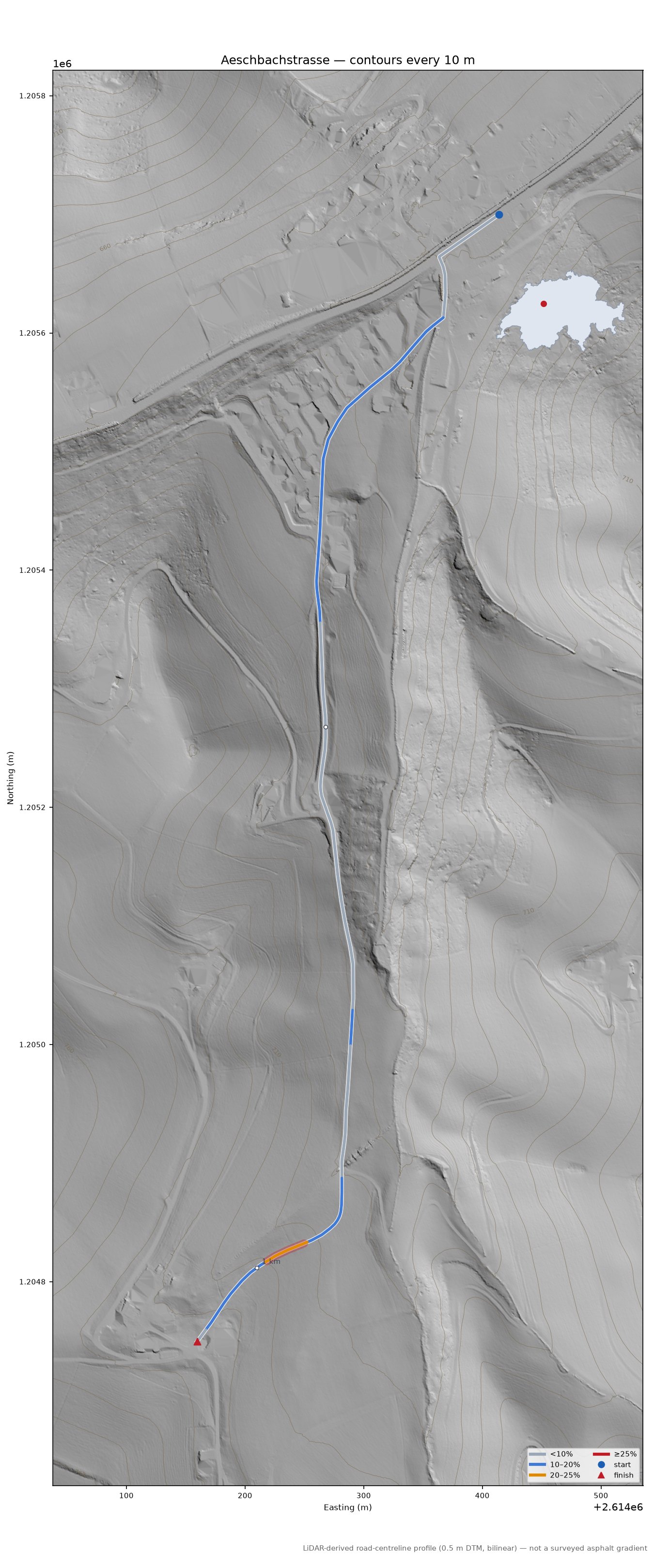 Aeschbachstrasse LiDAR hillshade map with contours