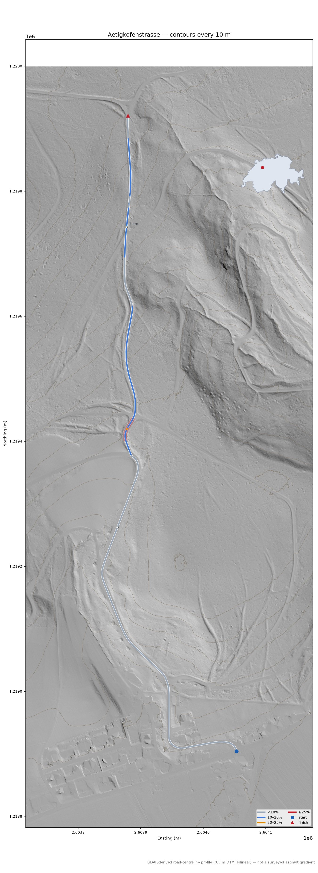 Aetigkofenstrasse LiDAR hillshade map with contours