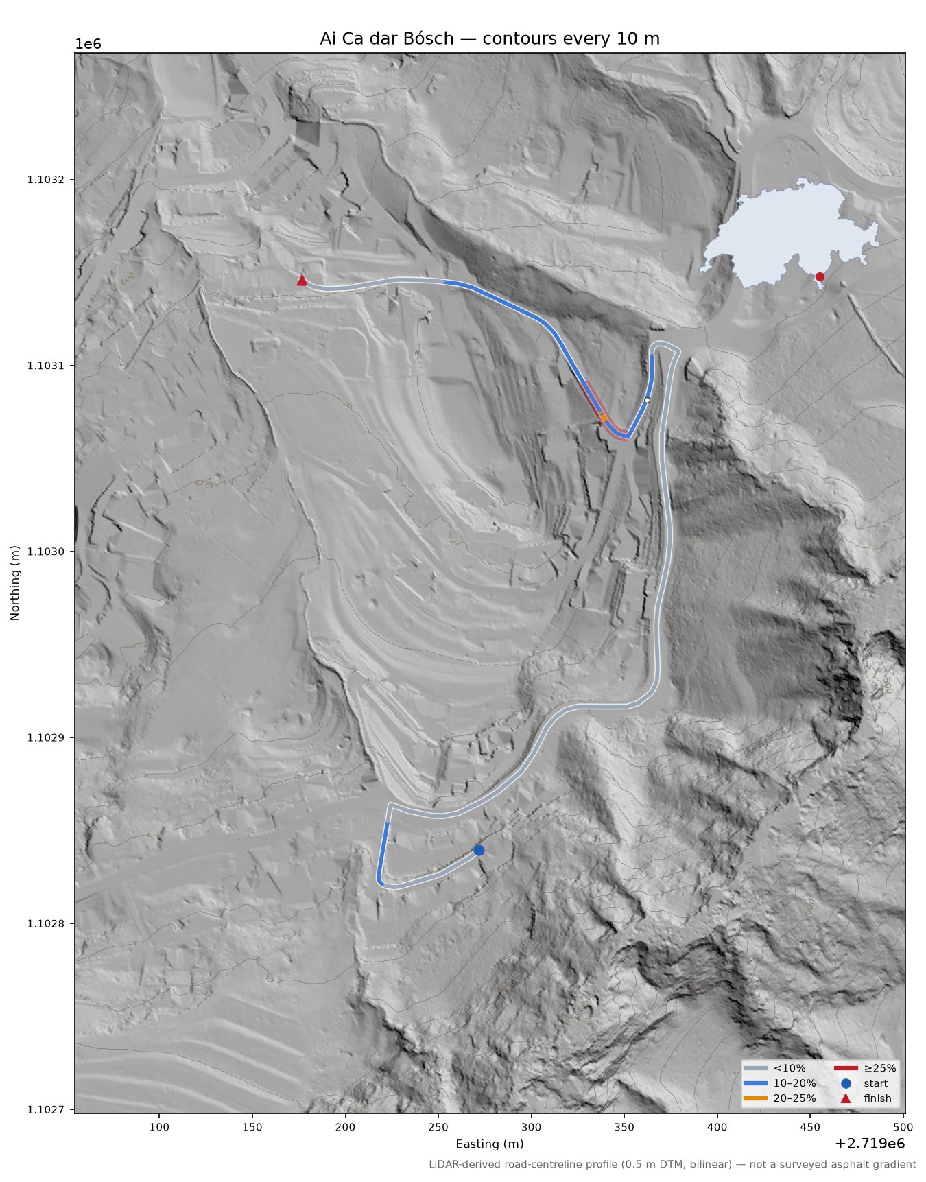 Ai Ca dar Bósch LiDAR hillshade map with contours