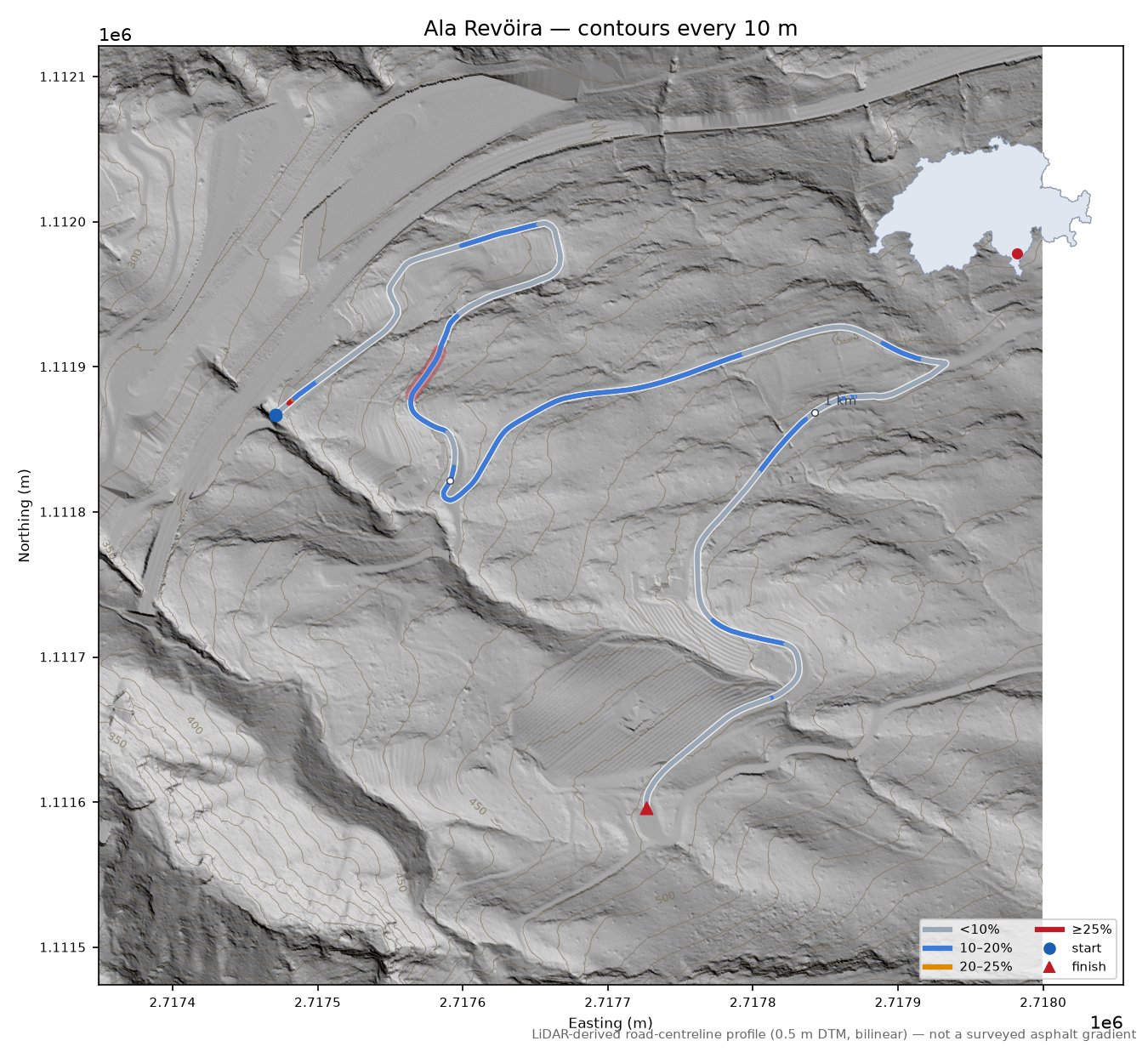 Ala Revöira LiDAR hillshade map with contours