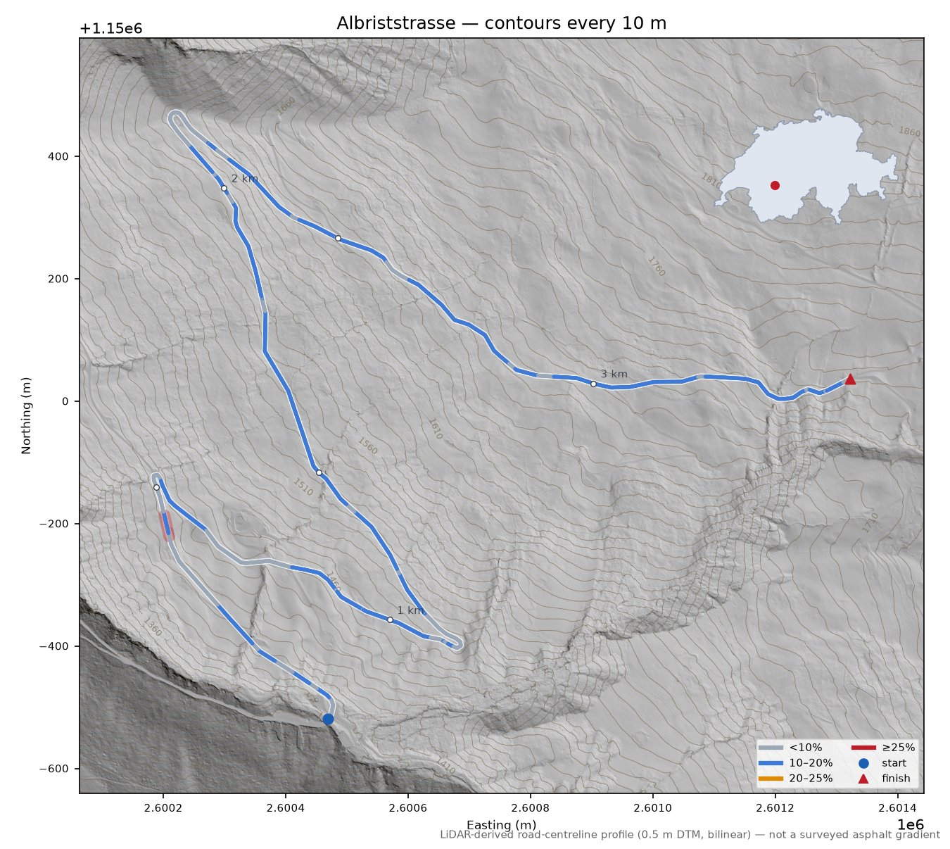 Albriststrasse LiDAR hillshade map with contours
