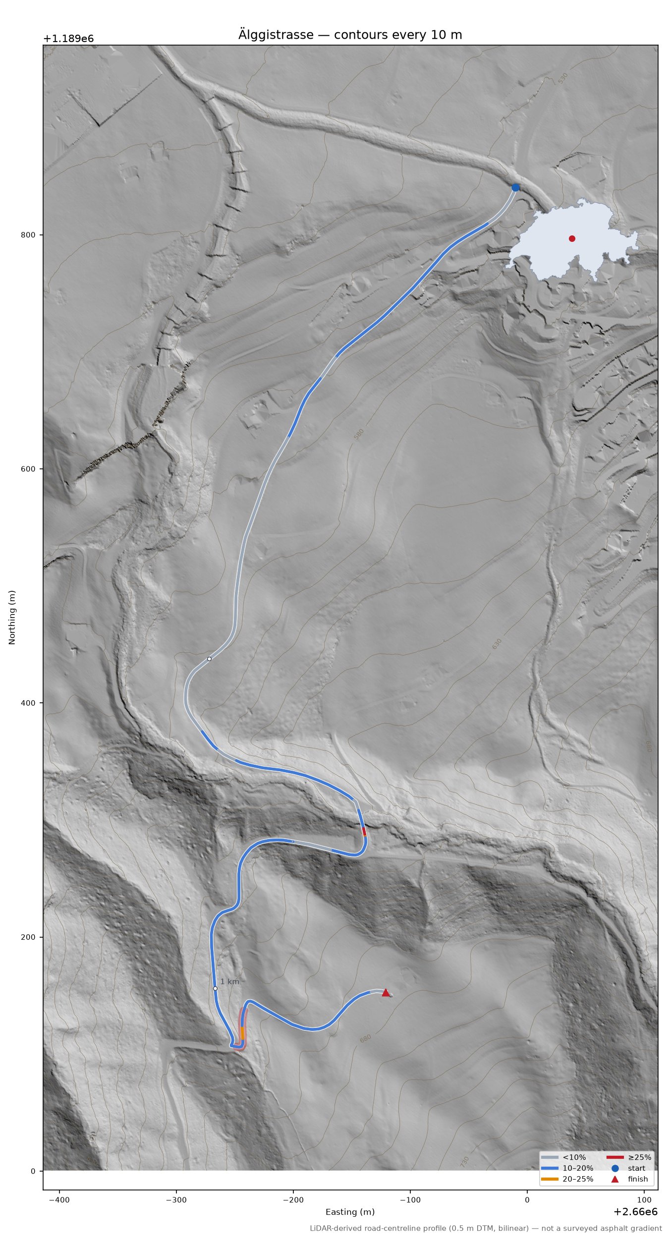 Älggistrasse LiDAR hillshade map with contours