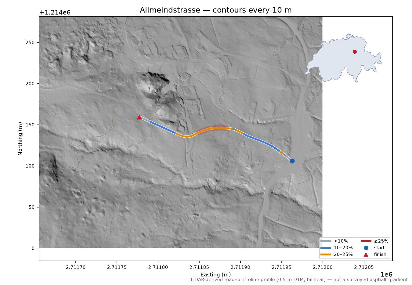 Allmeindstrasse LiDAR hillshade map with contours