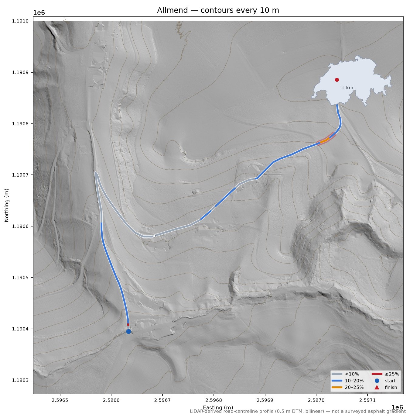 Allmend LiDAR hillshade map with contours