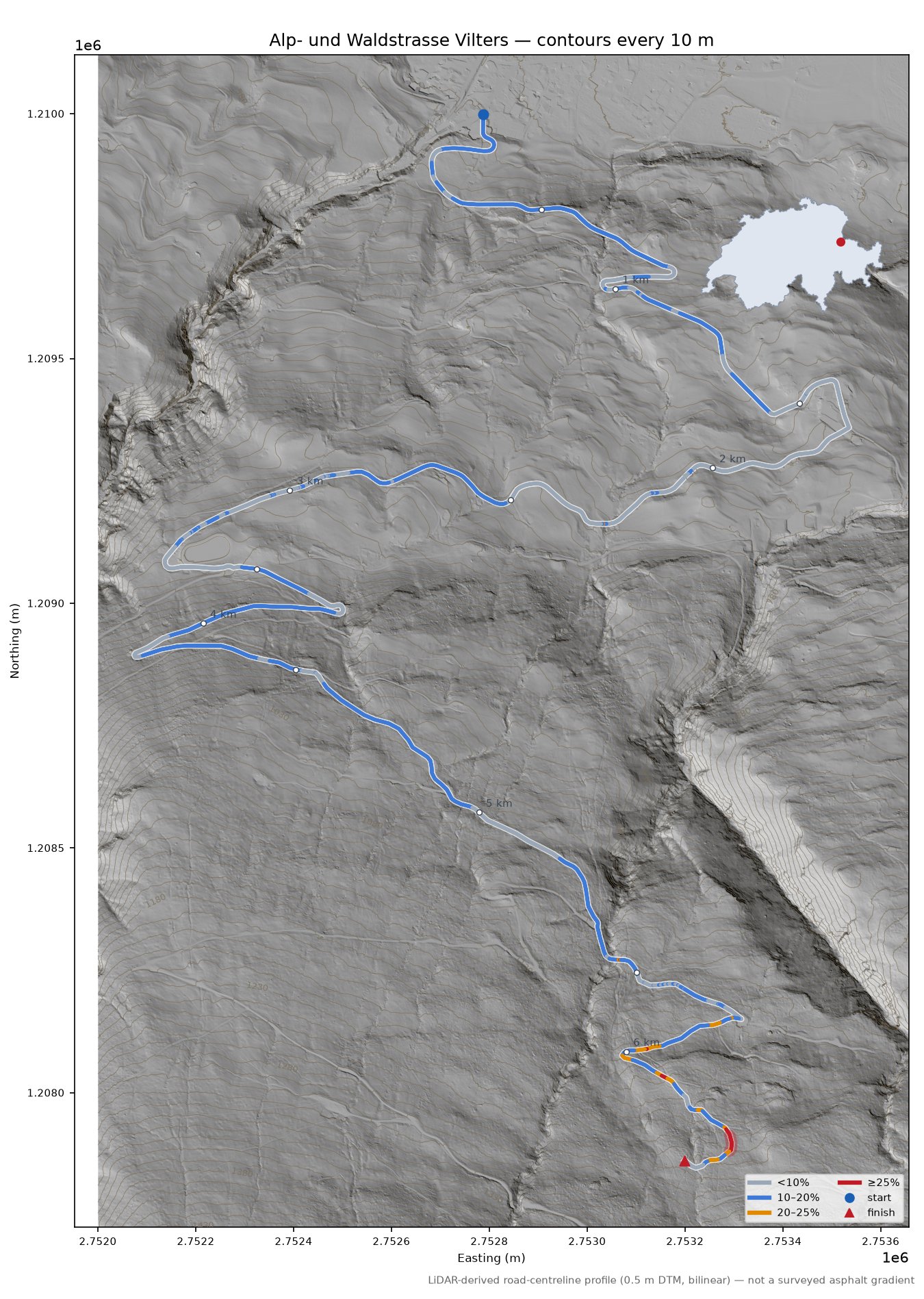 Alp- und Waldstrasse Vilters LiDAR hillshade map with contours