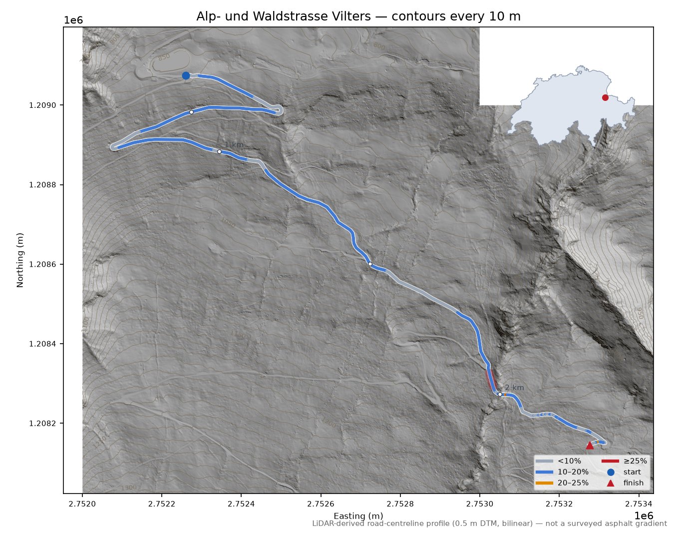Alp- und Waldstrasse Vilters LiDAR hillshade map with contours