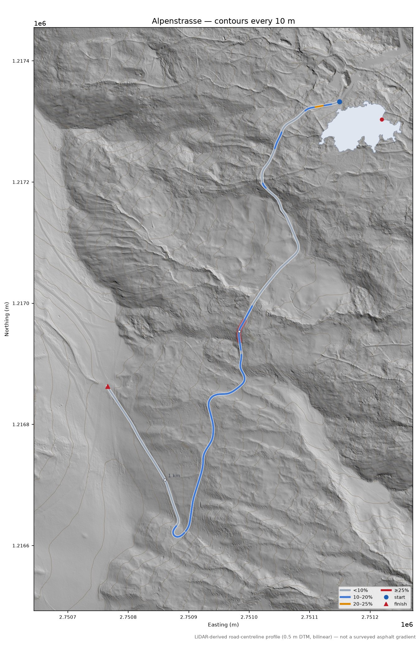 Alpenstrasse LiDAR hillshade map with contours