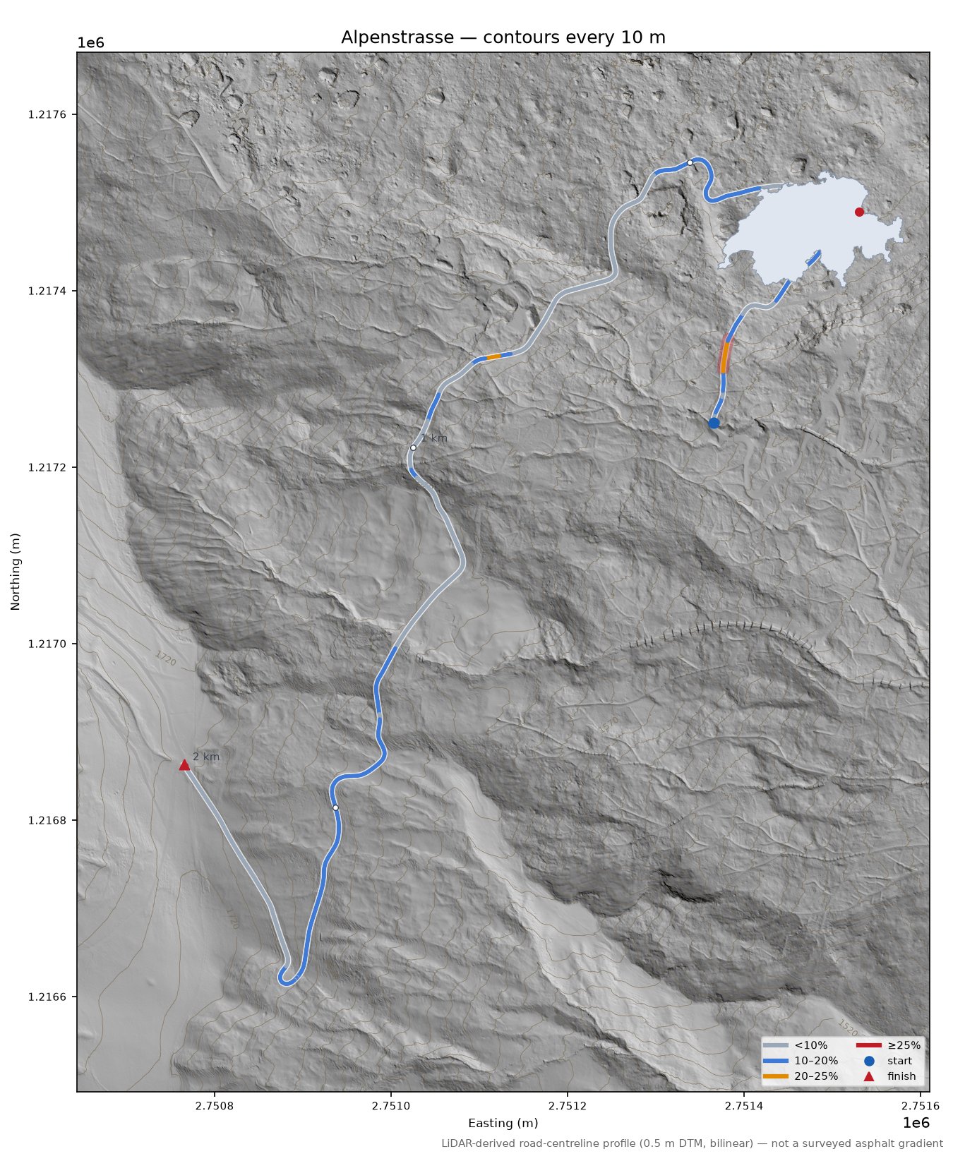 Alpenstrasse LiDAR hillshade map with contours