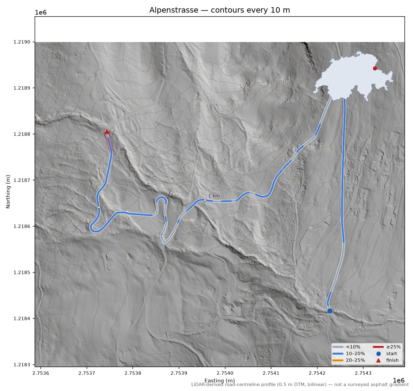 Alpenstrasse LiDAR hillshade map with contours