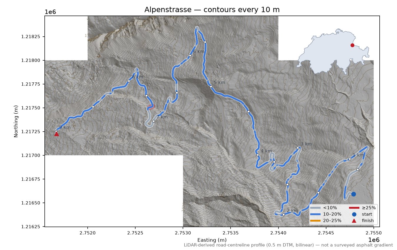 Alpenstrasse LiDAR hillshade map with contours
