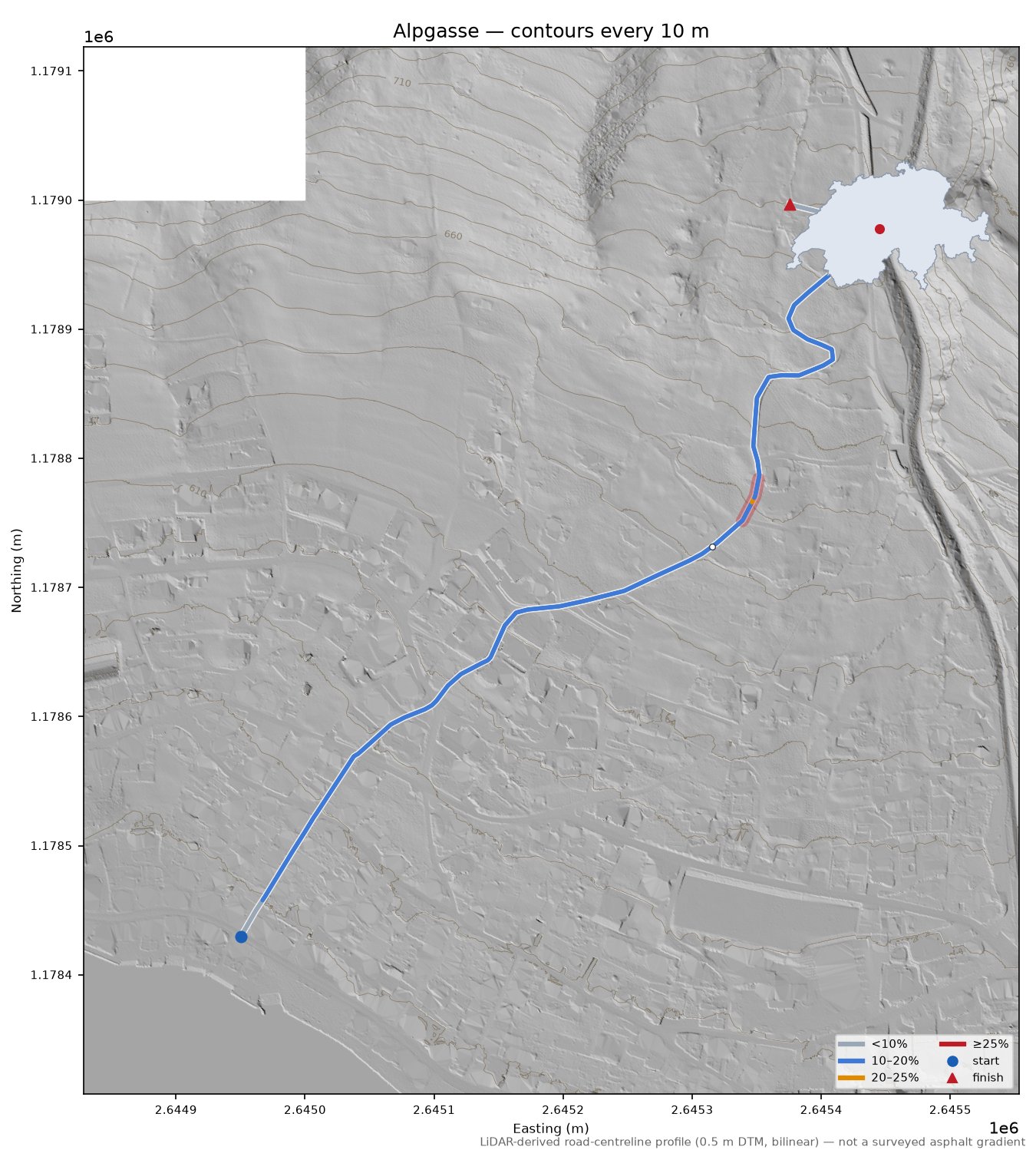 Alpgasse LiDAR hillshade map with contours
