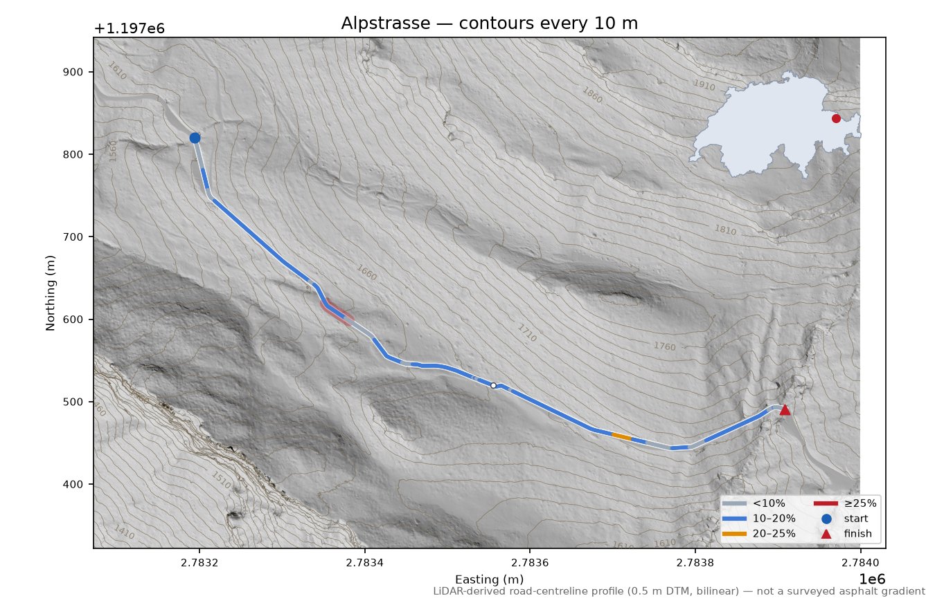 Alpstrasse LiDAR hillshade map with contours