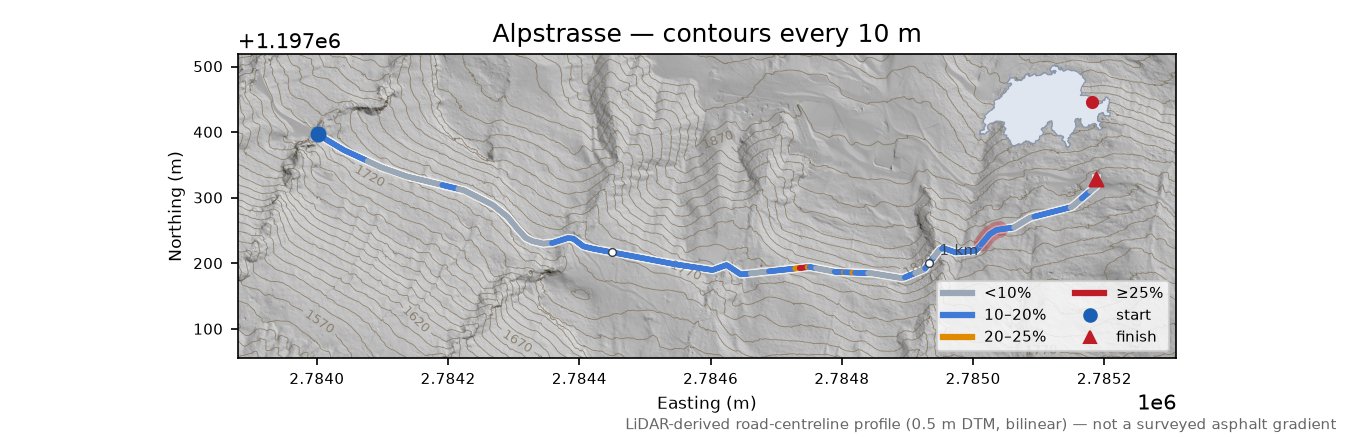 Alpstrasse LiDAR hillshade map with contours