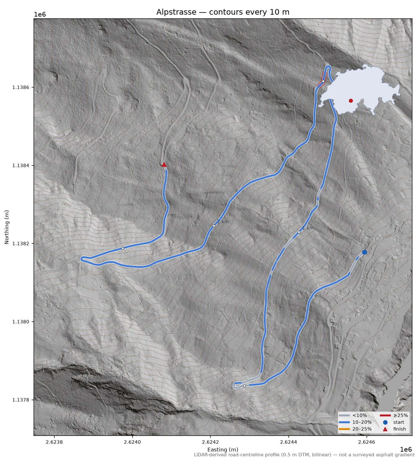 Alpstrasse LiDAR hillshade map with contours