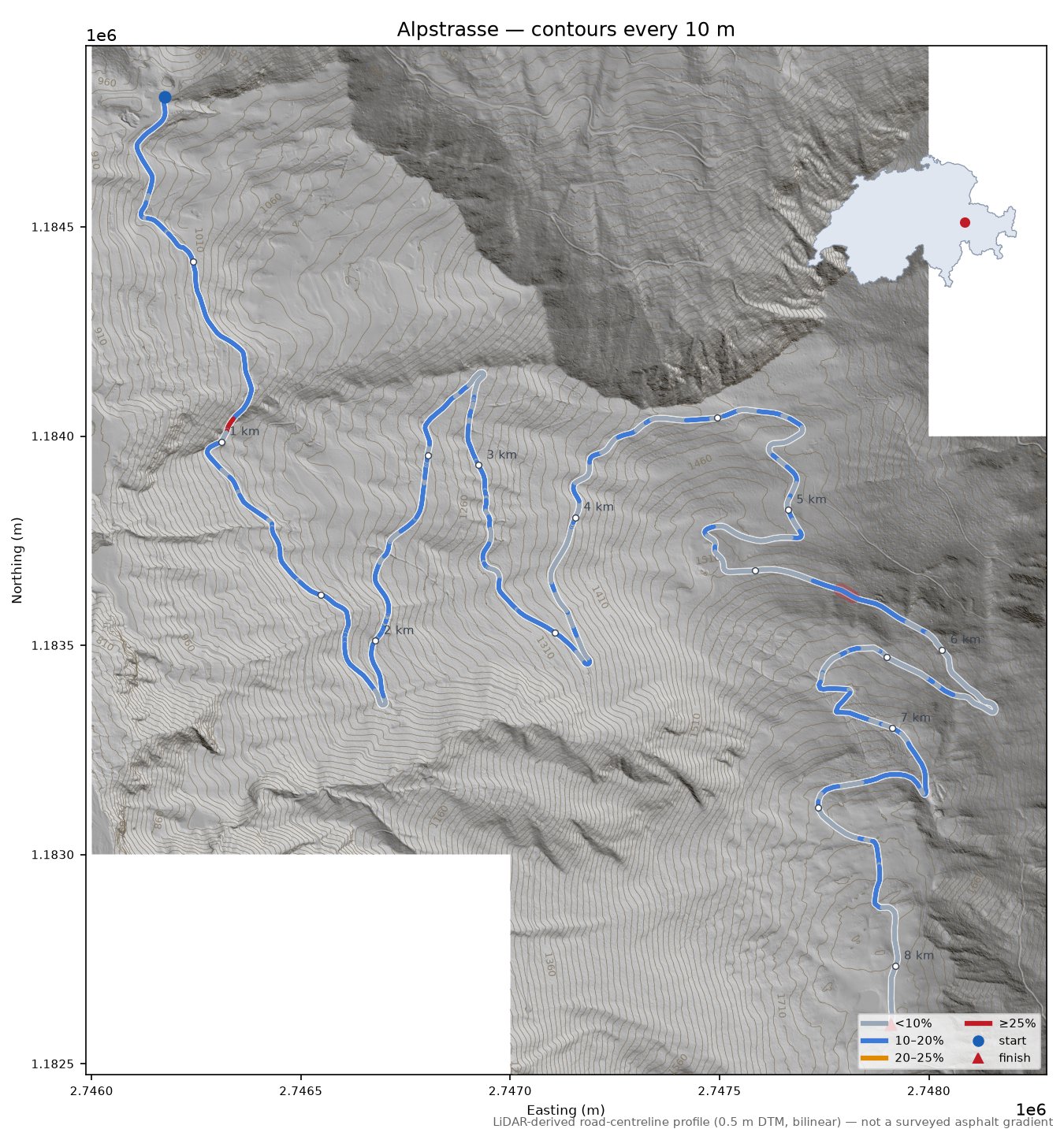 Alpstrasse LiDAR hillshade map with contours