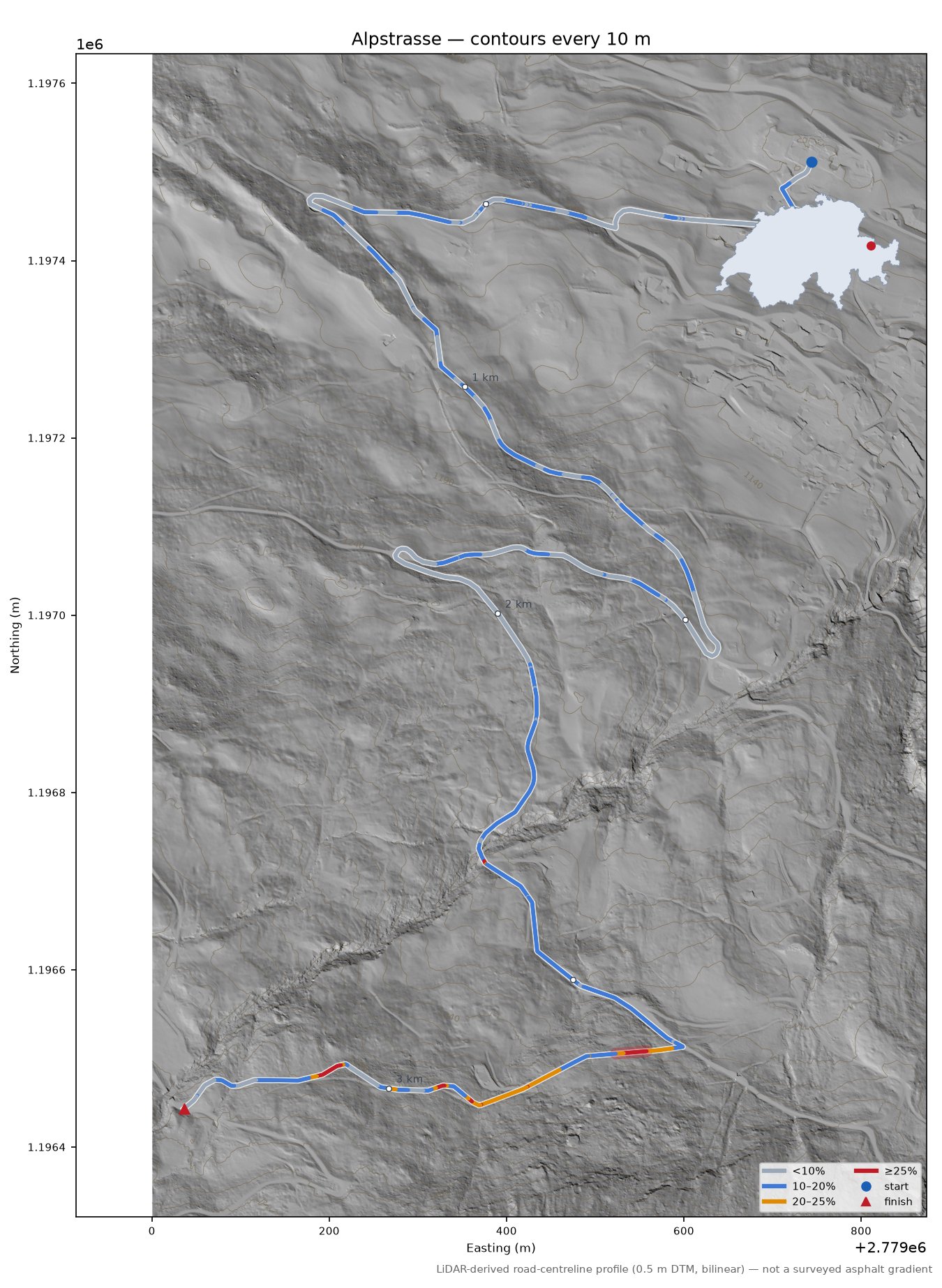 Alpstrasse LiDAR hillshade map with contours