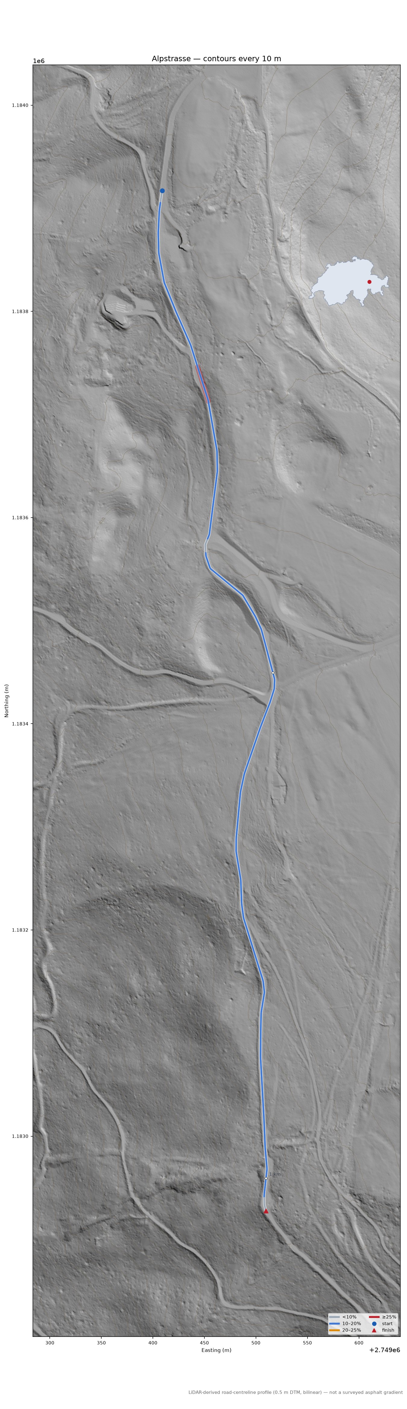 Alpstrasse LiDAR hillshade map with contours