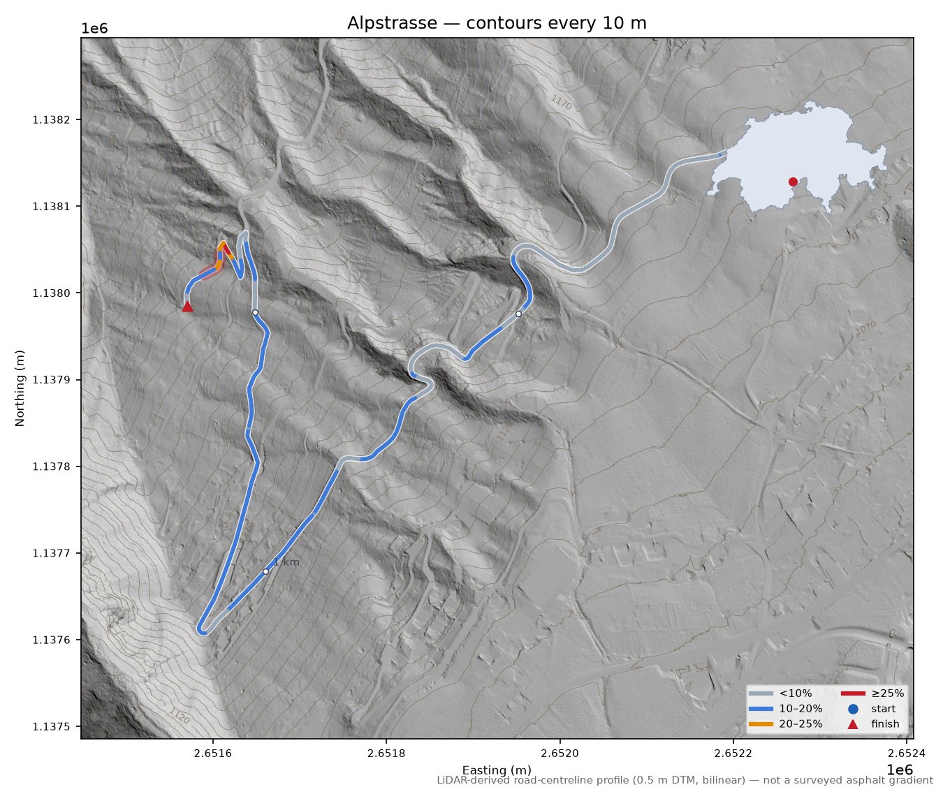 Alpstrasse LiDAR hillshade map with contours