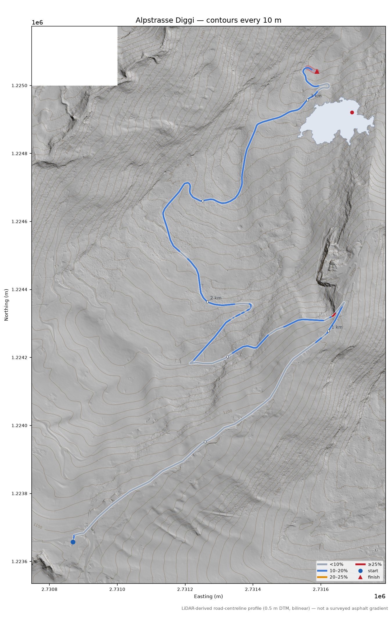 Alpstrasse Diggi LiDAR hillshade map with contours