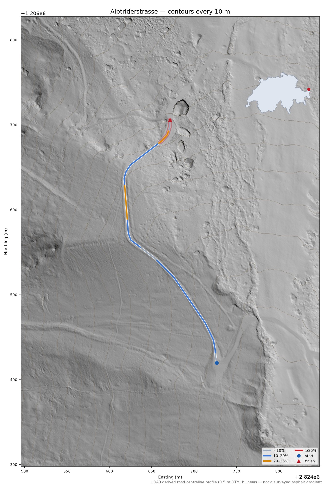 Alptriderstrasse LiDAR hillshade map with contours