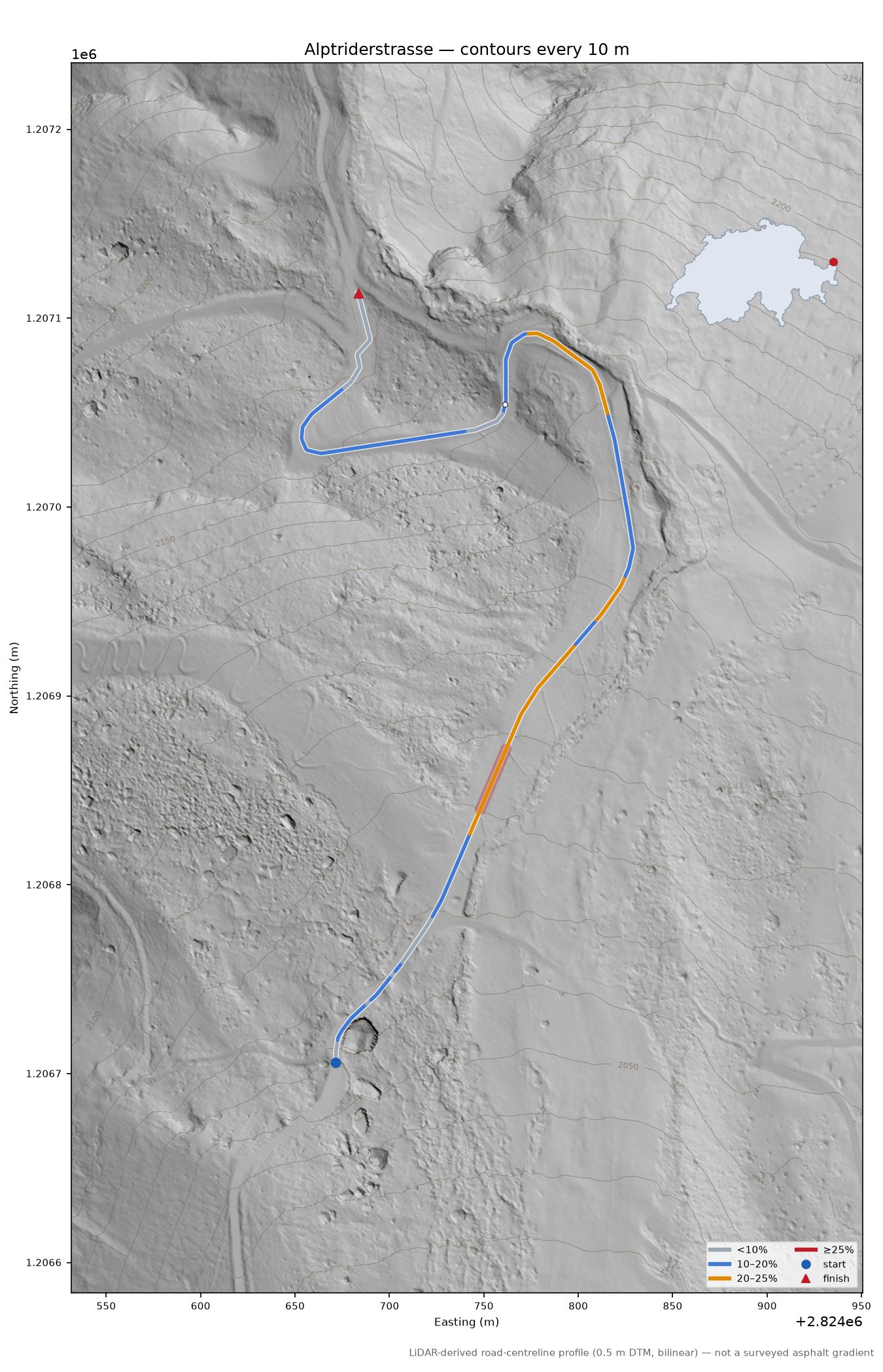 Alptriderstrasse LiDAR hillshade map with contours