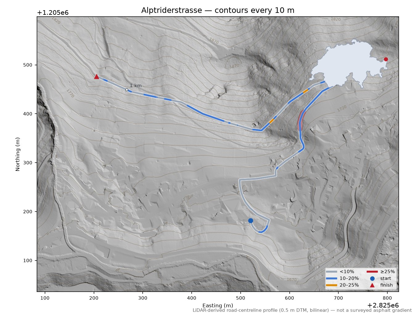 Alptriderstrasse LiDAR hillshade map with contours