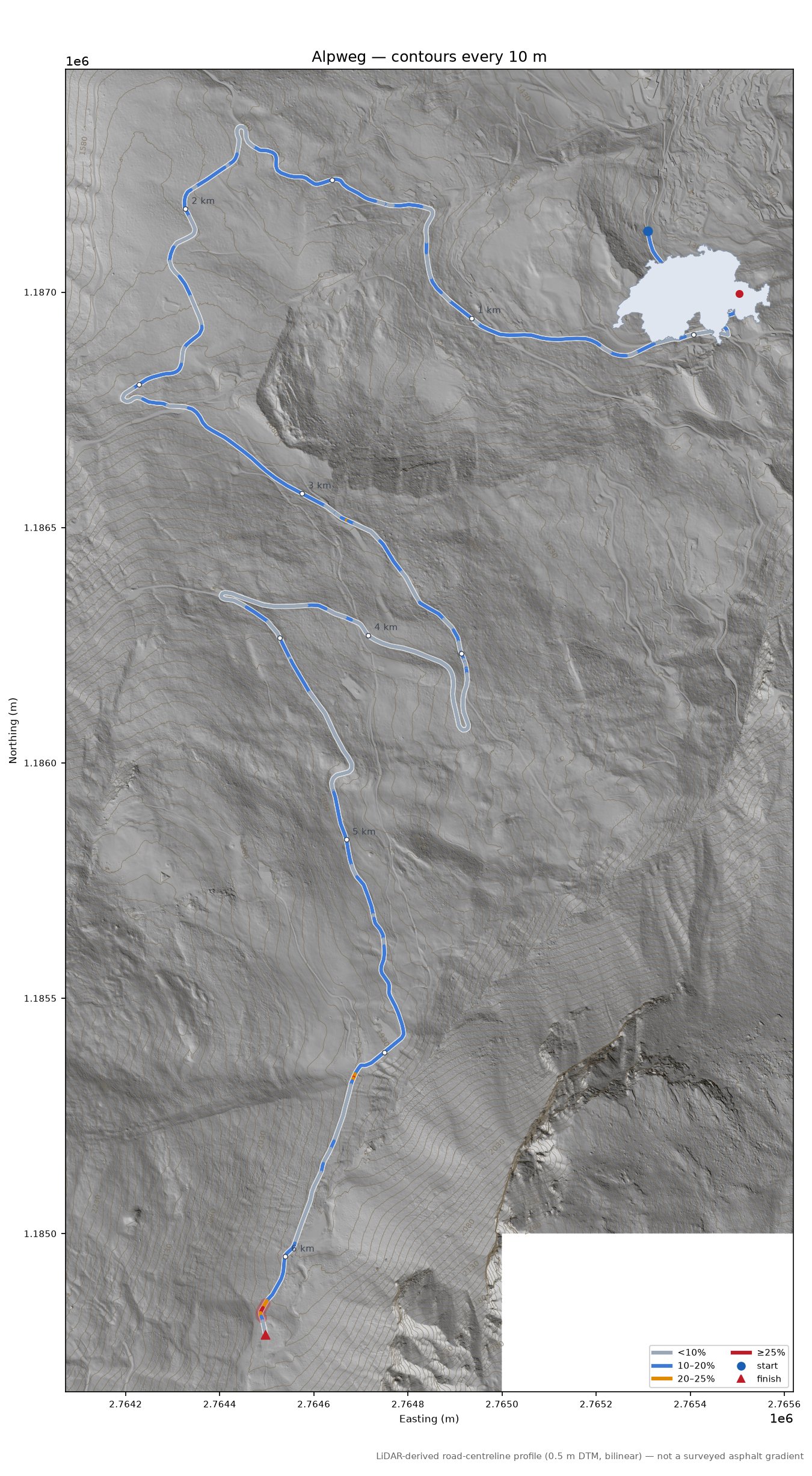 Alpweg LiDAR hillshade map with contours